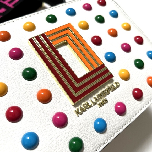 NWT $230 Karl Lagerfeld Simone Crossbody Top Handle – White Multi Stud Logo - Picture 4 of 8